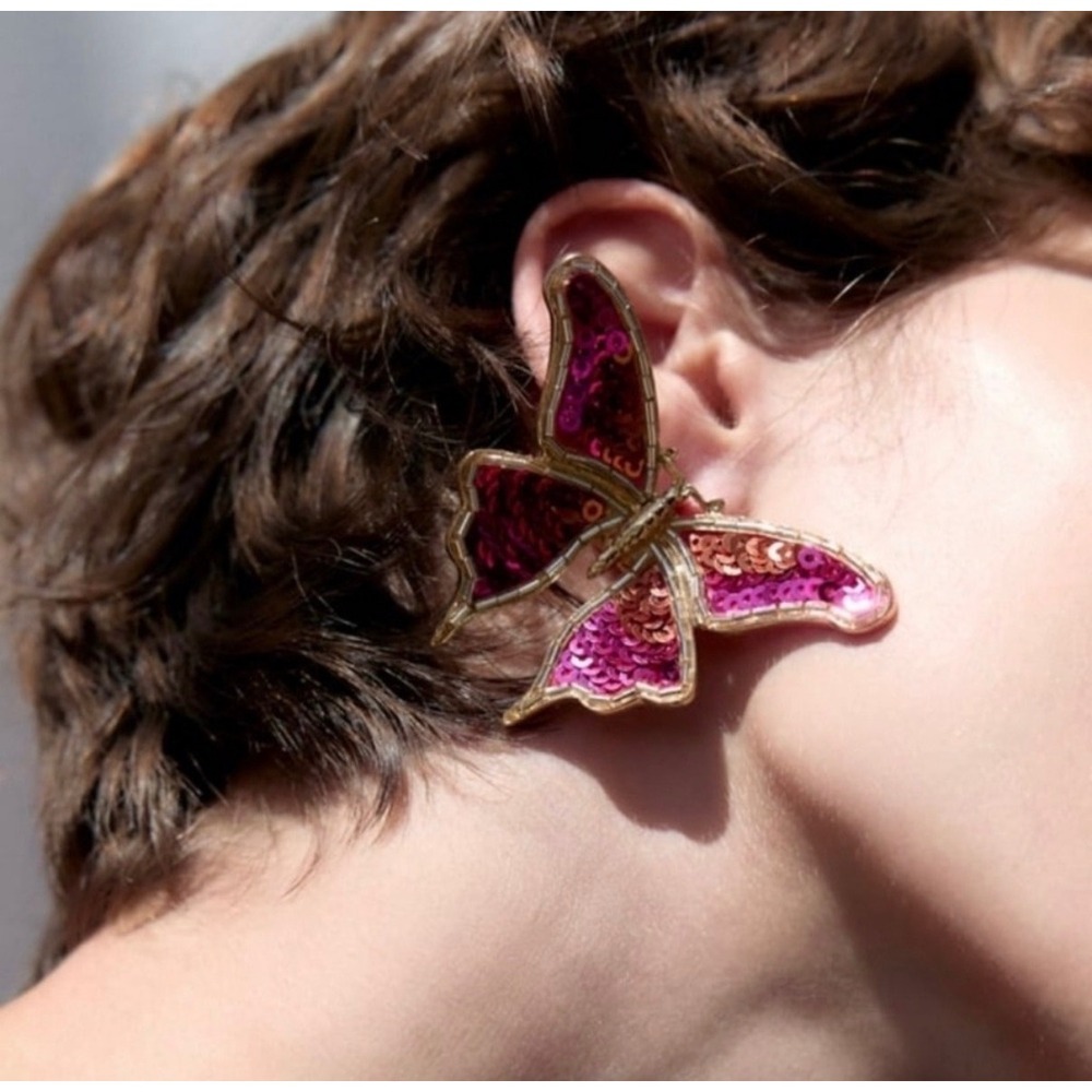 ZARA Butterfly Earrings Womens OS Pink Sequin Statement Fairycore